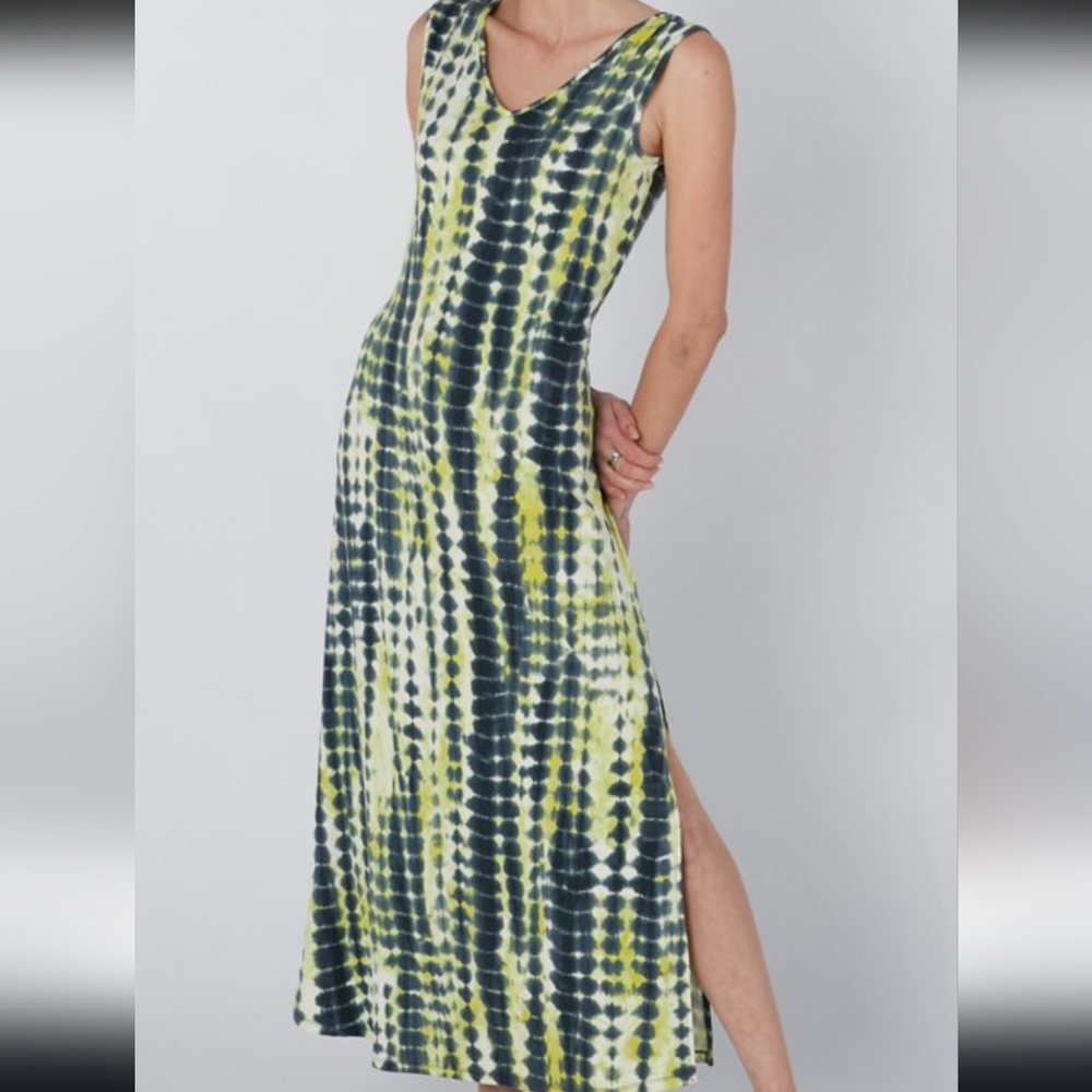 Nina Leonard Blue and Green A-Line Maxi Skirt with Slit